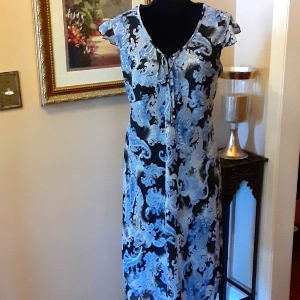 I.N. Studio beaded blue black paisley sheer dress lined flutter sleeve 10 NEW…